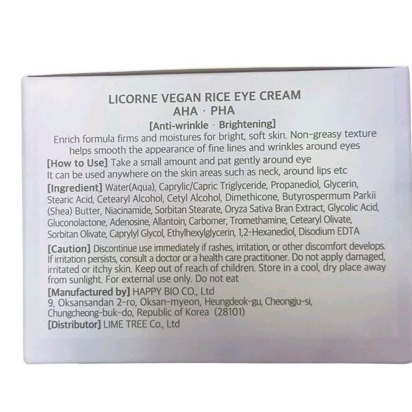 LICORNE Vegan Rice Eye Cream AHA-PHA Anti-Wrinkle Brightening 1.01 oz VEGAN Box - Picture 8 of 9